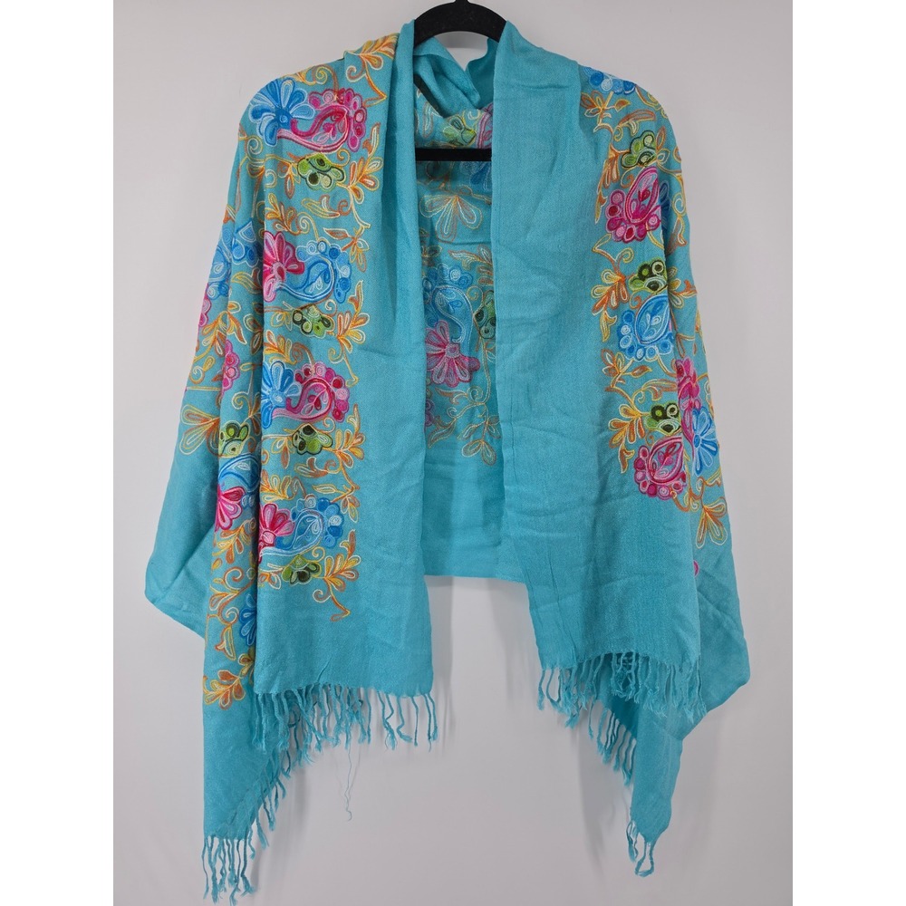 Turquoise Embroidered Floral Paisley Pashmina Shawl Scarf with Fringe Turquoise